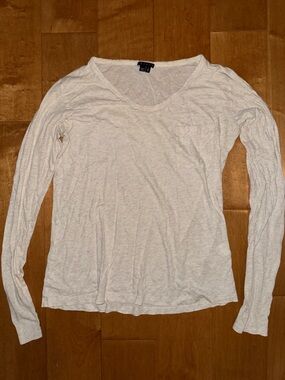 Theory Long Sleeve 100% Cotton Oatmeal White Scoopneck Shirt with Chest Pocket